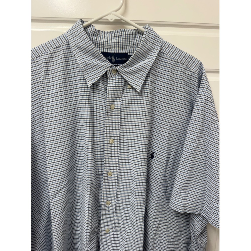 Polo Ralph Lauren Mens 3XB Blue White Tattersall Plaid Short Sleeve Button Shirt
